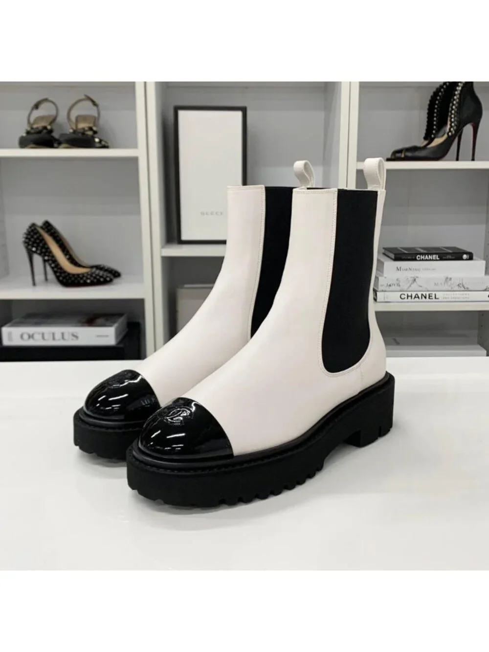 Chanel CC Logo Leather Patent Side Gore Short Boots White